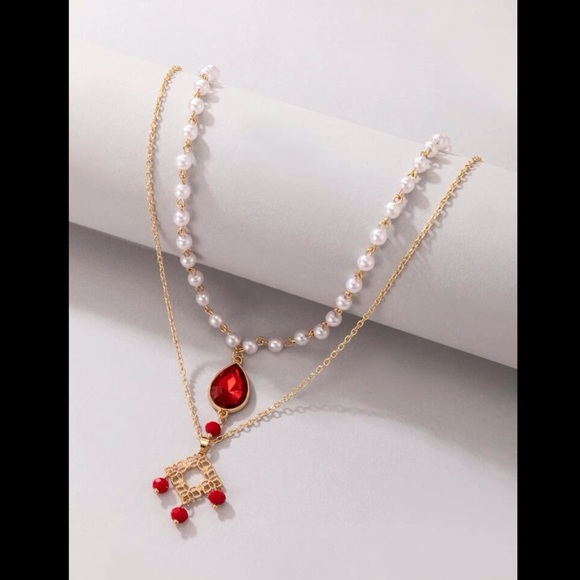 Ruby Rhinestone, Pearl & Charm Necklace - Picture 3 of 6